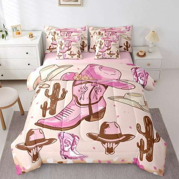 Erosebridal Teens Cowgirl Bedding Sets Twin Size, Cactus Boot Comforter Sets with Sheets, Southwestern Decor, Reversible 7 Pieces