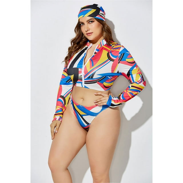 Ensemble Bikini String Taille Haute à Manches Longues avec Fermeture Éclair pour Femmes 3 Pcs