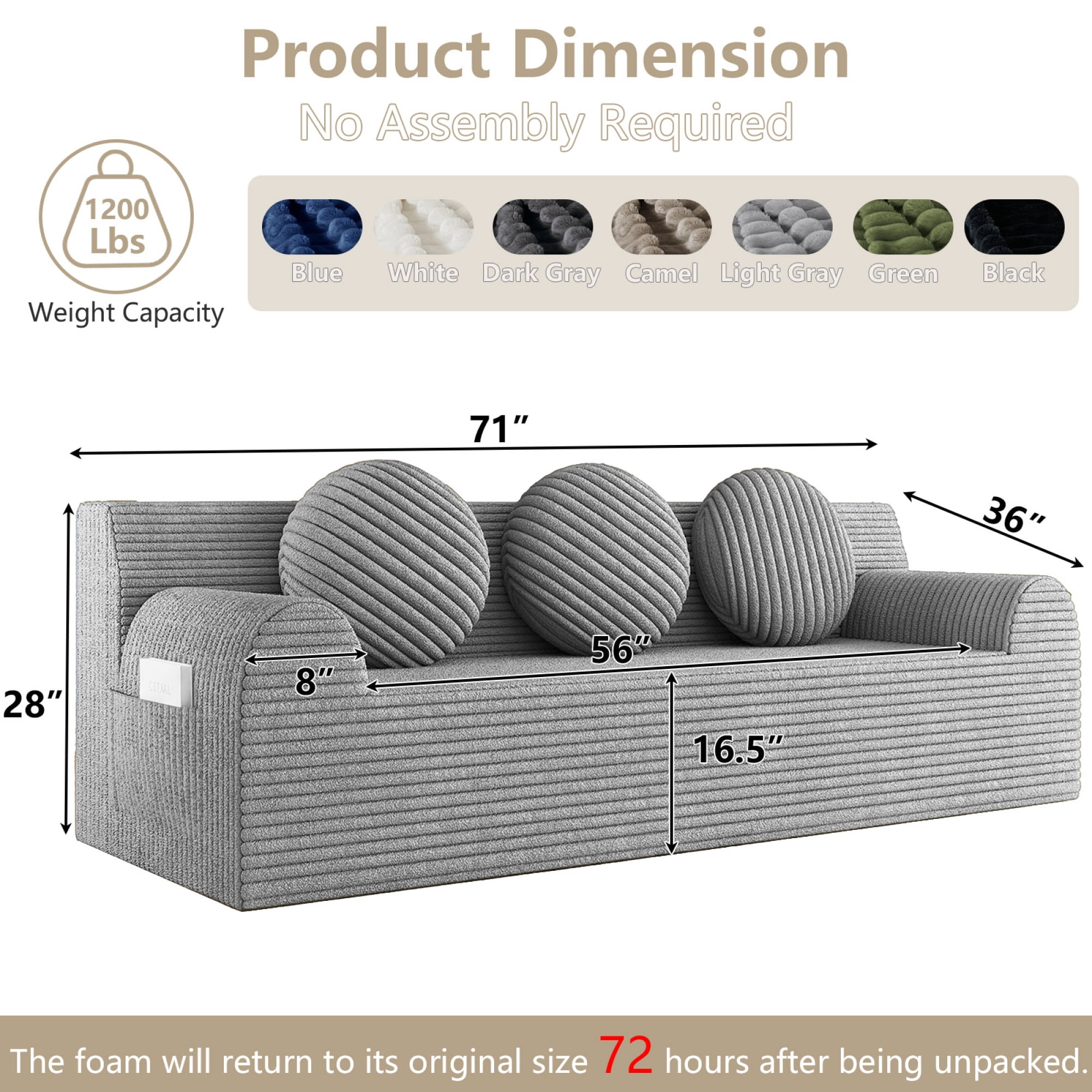 HOQBN Boneless Sofa Couch for Living Room,71" 3 Seater Sofa with Deep Seat Design and 3 Round Pillows,Comfy Corduroy Fabric Loveseat Couch,No Assembly,Light Gray