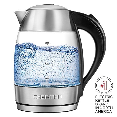 Chefman Electric Glass Wder, ebullición rápida con luces LED, apagado automático y protección de seco de ebullición, vertido inalámbrico, sin BPA, infusor de té extraíble, 1.8 litros Chefman Ver descripción
