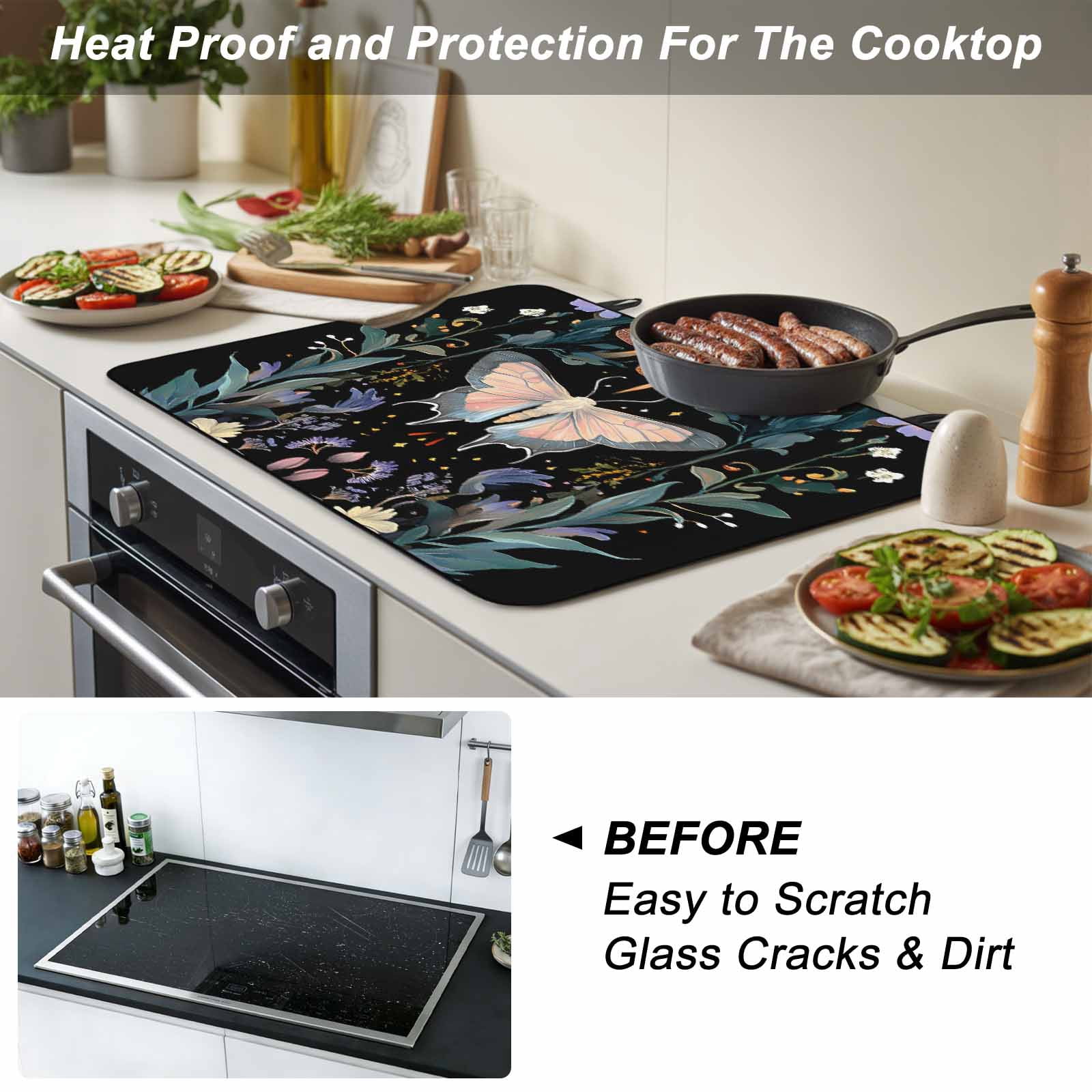 Black Butterfly Spring Stove Top Cover for Electric Stove, Heat-proof & Non Slip Glass Top Stove Cover Protector, Summer Botanical Watercolor Kitchen Flat Cooktop Rubber Mat 24x21 Inches