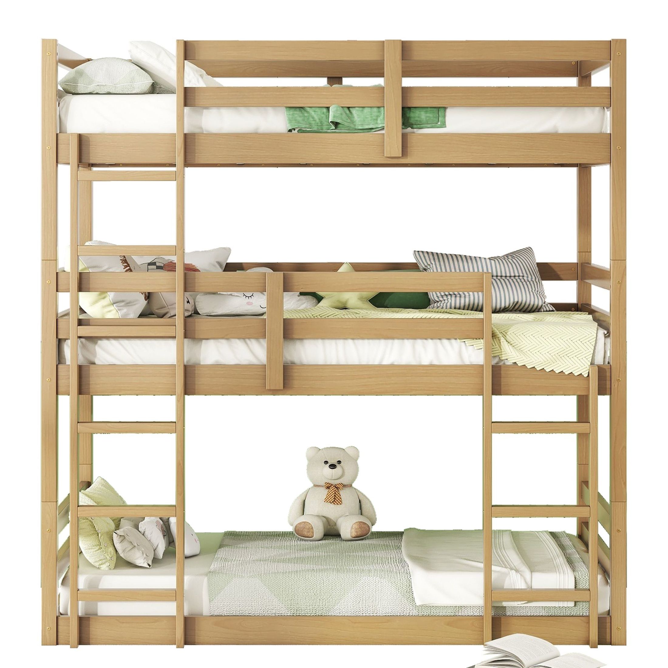 Noble House Shasha Triple Rubber Wood Bunk Bed, Convertible Twin over Twin over Twin with Guardrails and Ladders, White Oak