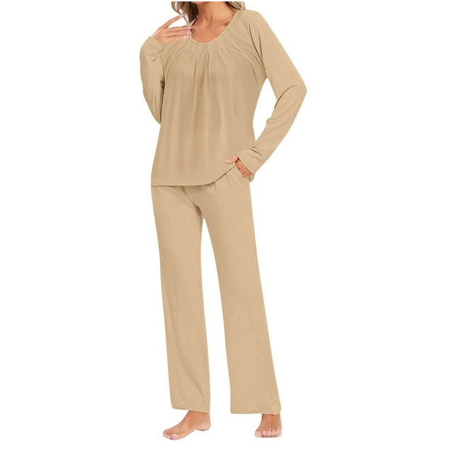 Yuyuzo Ensembles de Pyjama pour Femmes 2 Pcs Pyjamas Vêtements de Détente Col Ras du Cou Manches Longues Hauts Pantalons Doux avec Poches