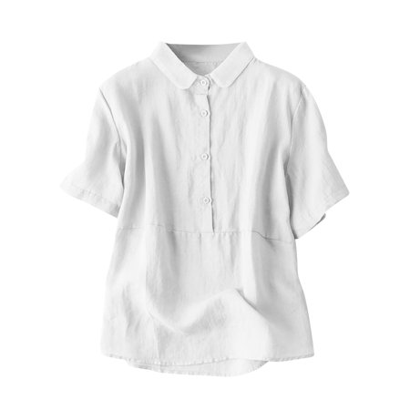 WRKEKC Womens Dressy Casual Tops Solid Color Collared Button Short Sleeve Linen Cotton Casual Breathable Office Everyday Blouses