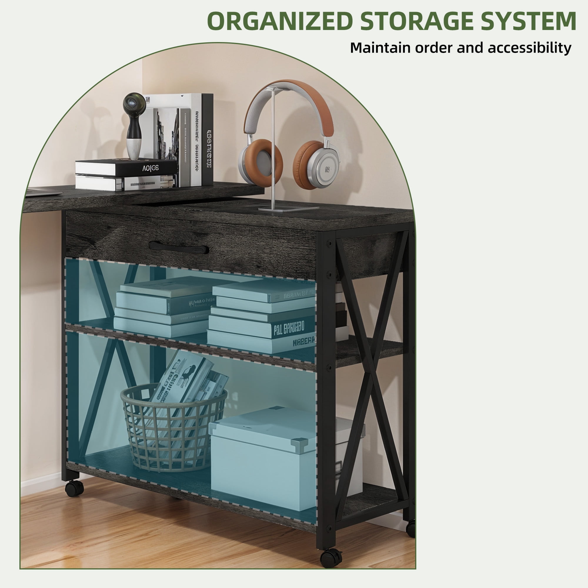 Uforic Rolling Computer Office Desk, Rotating Corner Writing Desk with Drawer and Shelves, Gray