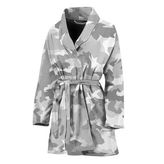 White Snow Camouflage Women Bathrobe One Size Univeral Fits, Camo Camouflage Fashion Lightweight Plush Fleece Long Robe For Women