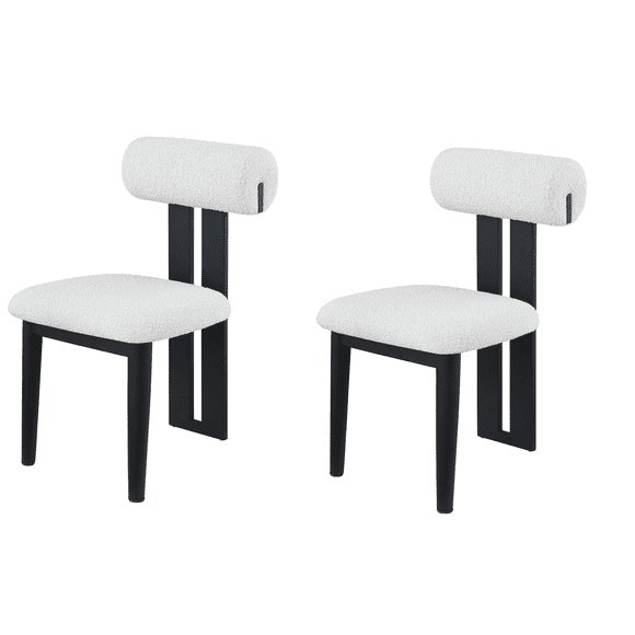 LivinVeluris Modern Elegance White Bouclé Fabric & Black Wooden Leg Dining Chairs – Set of 2