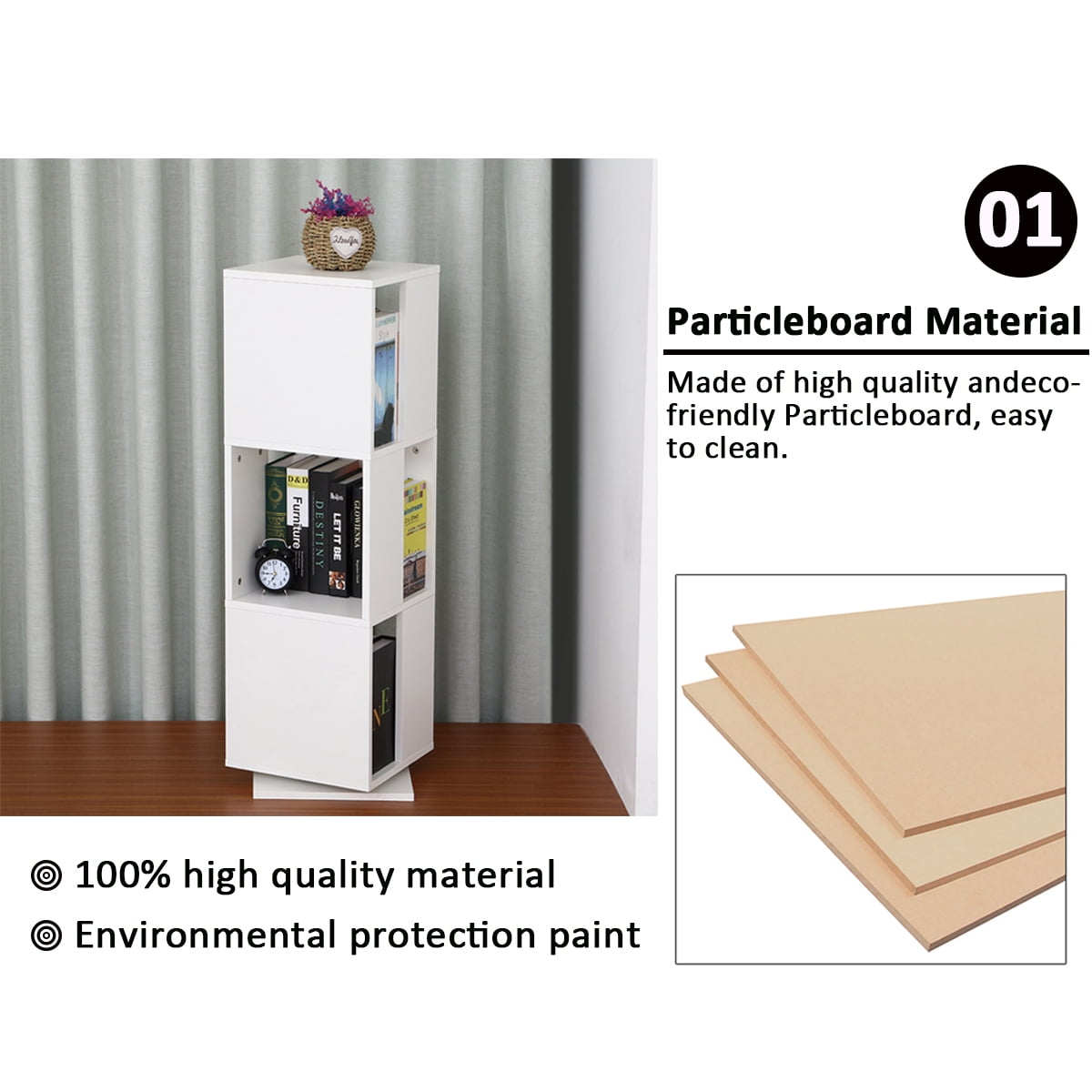 3 Tier Bookcase 360 Rotating Particleboard Display Shelf Corner