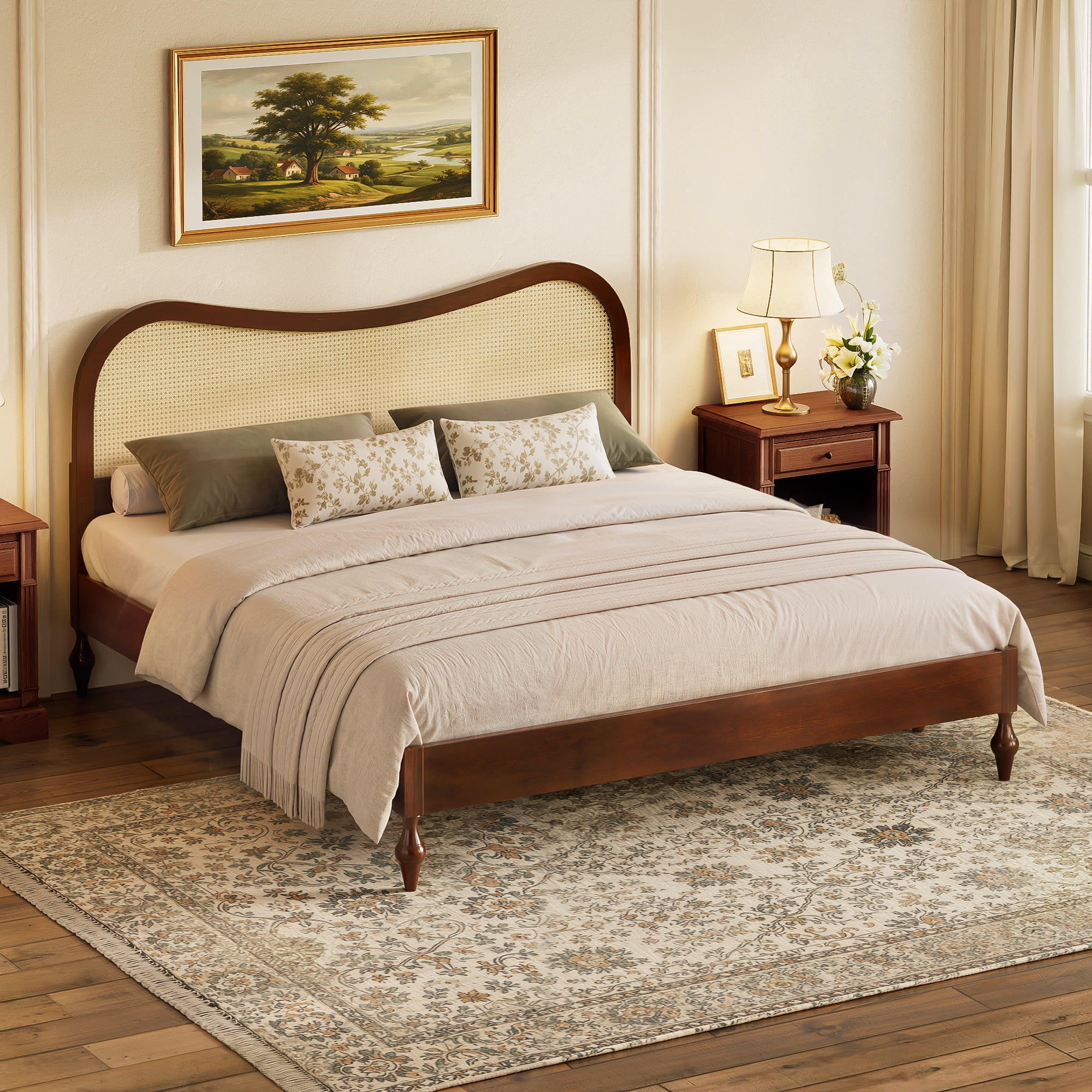 Euroco King Size Mid-Century Wood Platform Bed with Curved Rattan Cane Headboard, Scandinavian Natural Style Bed, No Box Spring Needed, Walnut