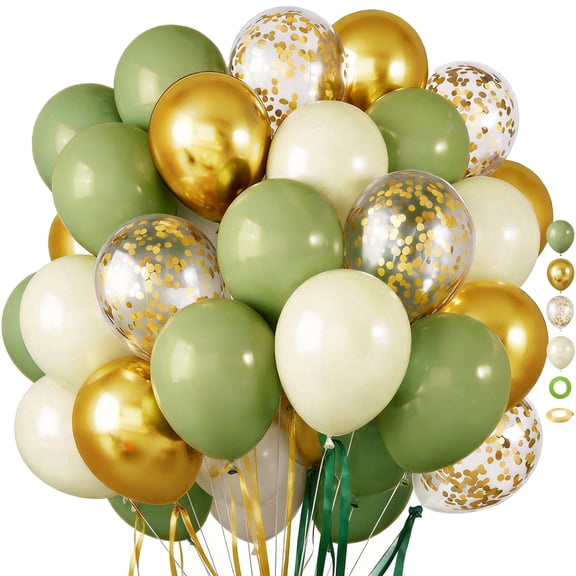 Green Gold Sand White Balloons, 65 Pcs 12 Inches Sage Green Metallic Gold Balloons for Birthday, Wedding, Baby Bridal Shower, Graduation Party Decorations