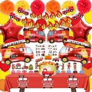 Fire Truck Theme PriNst Party Supplies set : Decorations with Banner , Table Covers , Foil & Latex Balloons . Cake Topper , Paper Pom , Firefighter Tattoo Sticker . Perfect for kids Party !