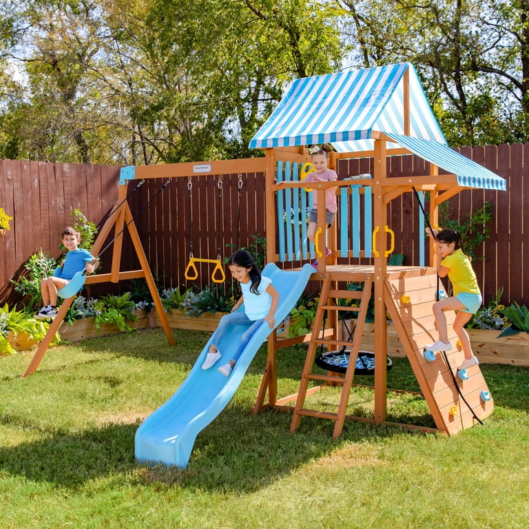 Teamson Kids Laguna Swing Set—Aqua & Natural Wooden Outdoor