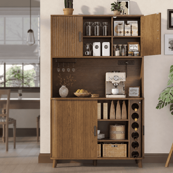 Aufeile 71" Tall Pantry Storage Cabinet, Modern Coffee Bar Hutch with Tambour Sliding Door, Freestanding Kitchen Storage Cupboard with Charging Station & Microwave Stand for Dining Room, Walnut