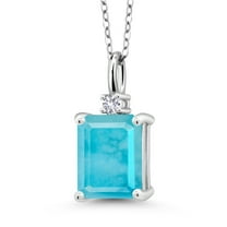 Gem Stone King 925 Silver Green Turquoise and White Created Sapphire Pendant Necklace for Women (2.34 Cttw, Gemstone Birthstone, Emerald Cut 10X8MM with 18 inch Silver Chain)