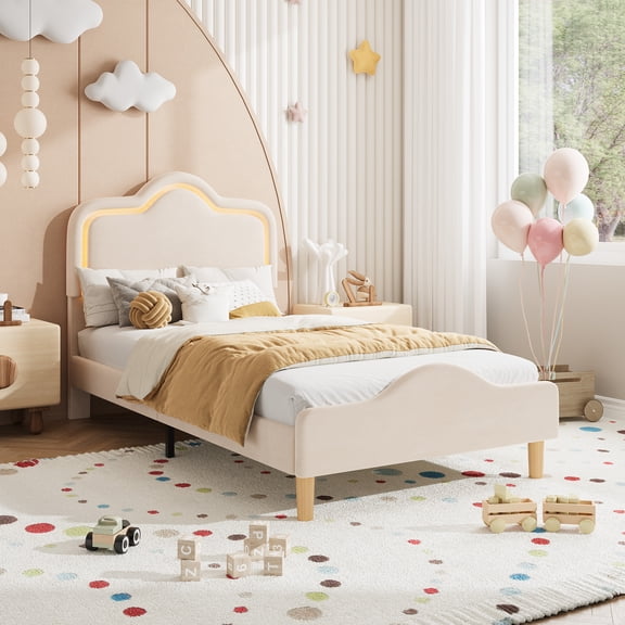 LED Twin Velvet Bed Frame with Adjustable Headboard & Footboard - Princess Platform Bed for Girls, Wooden Slats, No Box Spring Needed, Beige