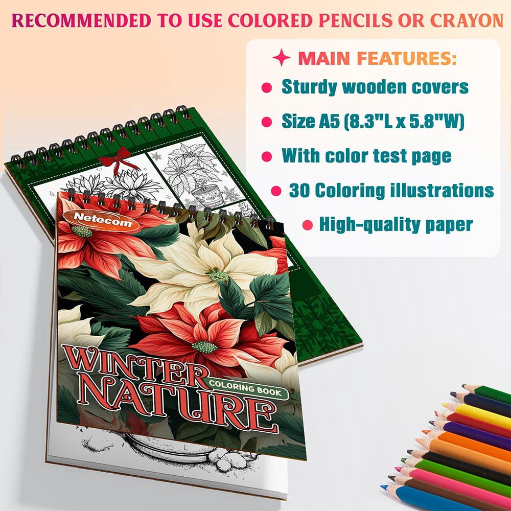 Netecom Winter Nature Coloring Book Spiral Bound for Adults, A5 Wooden Cover, 30 Beautiful Coloring Pages of Forest in Peaceful Snowy Landscapes for Stress Relief and Relaxation