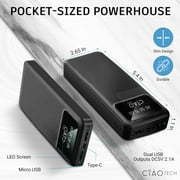 Ciao Tech 20,000 mAh High Capacity Powerbank, 2 USB, 1 Type C, 1 Micro,Status Indicator,Black