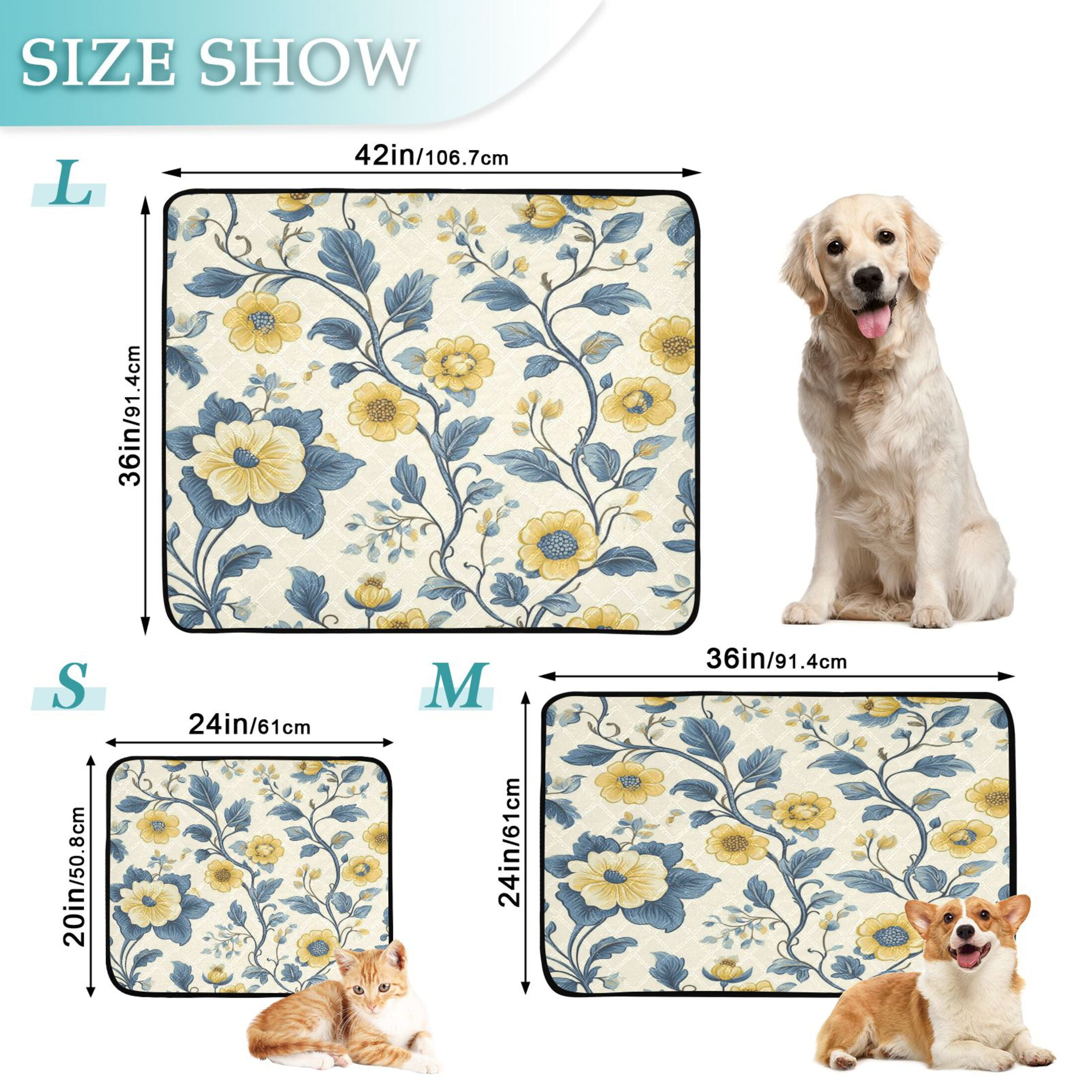 Qxltty Yellow Vintage Floral Pattern Cat litter Pads Pet Set of 3 Diaper Mats Center Anti-leakage Layer Absorbent Soft and Comfortable