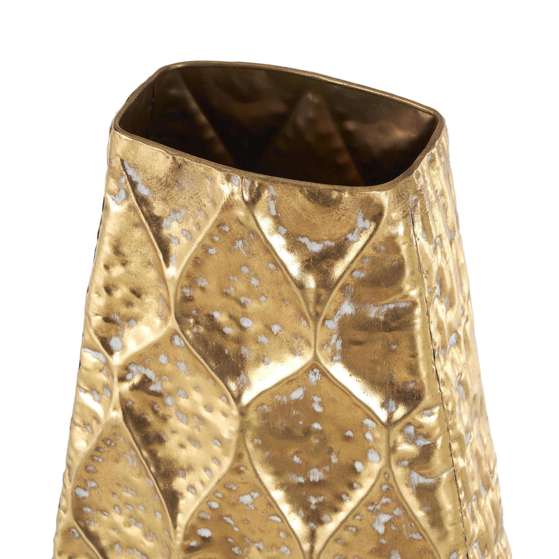 DecMode 34" Textured Concaved Teardrop Gold Metal Vase with Peacock Inspired Design