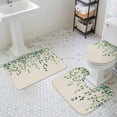 thumbnail image 3 of Spring Leaf Bathroom Rugs Set Retro Watercolor Green Eucalyptus Leaves Rustic Linen Texture Non Slip Absorbent Bath Mats 3 Piece Set, U-Shaped Floor Mat, Toilet Seat Cover Small Size, 3 of 9