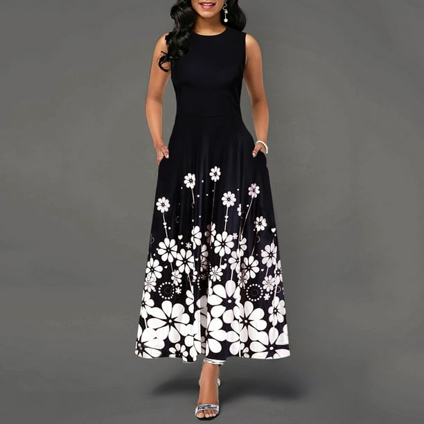 Moda versátil sin mangas posicionamiento vestido estampado gran falda oscilante Eccomum Negro XL