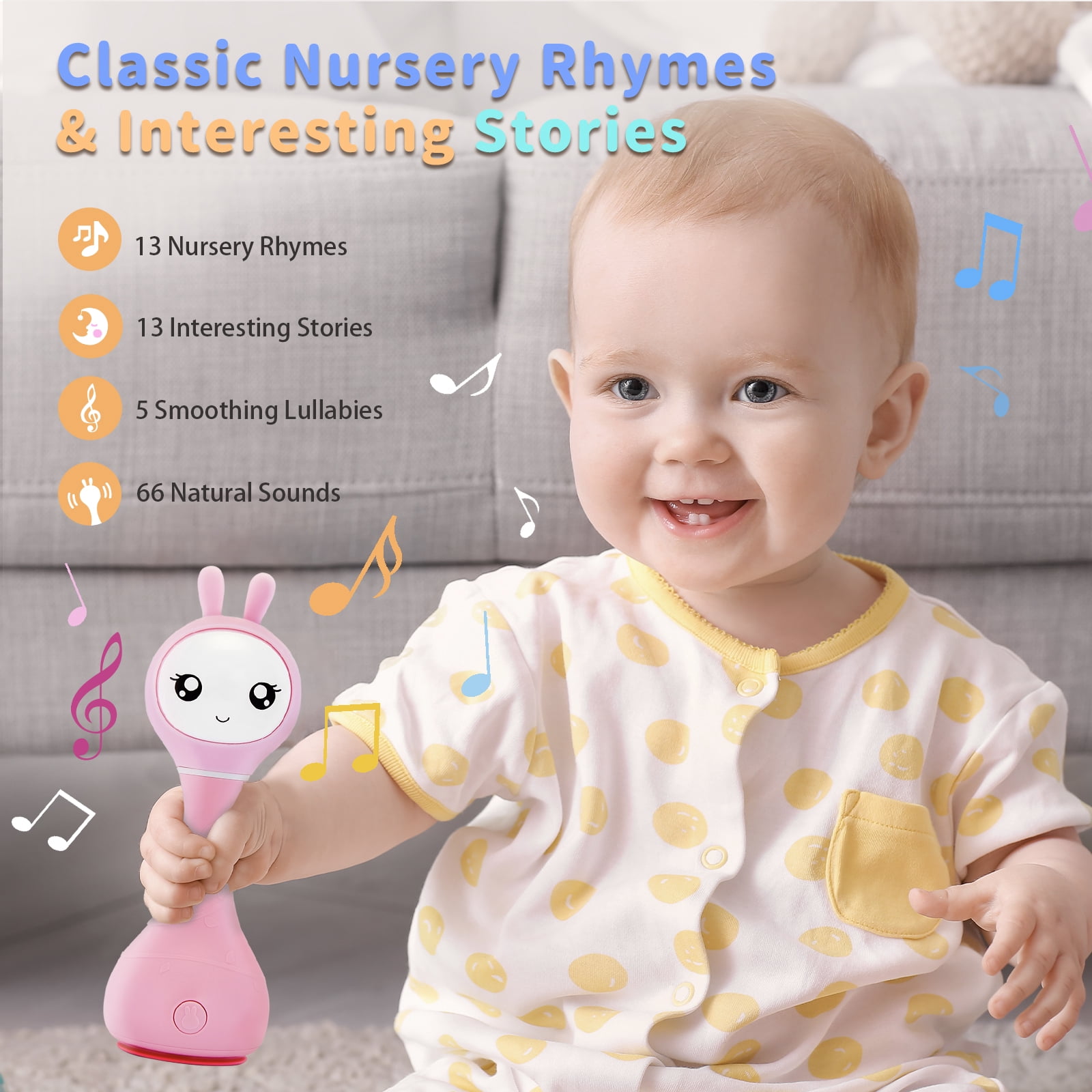 alilo Smarty Baby Audio Player - Toy w/ Chewable Teether Ears, Colorful Lights - Educational Sounds, Stories, Music, White Noise for 0-24 Months Kids - Baby Gift for Learning - Pink