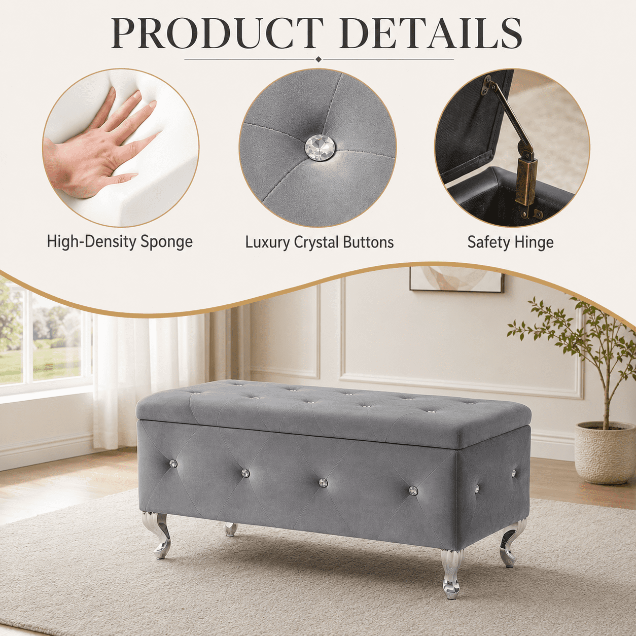 Aukfa 38" Upholstered Storage Ottoman Bench with Hidden Storage, Crystal Tufted Velvet Bed Bench, 380 lb, Gray