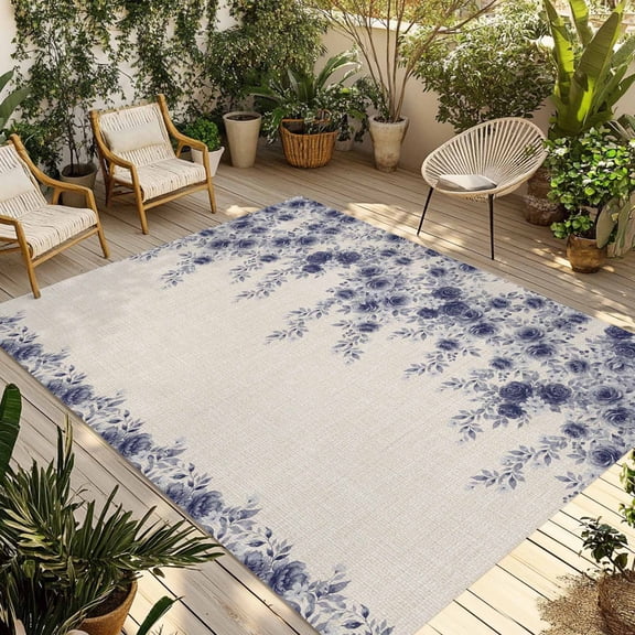 Vintage Navy Blue Roses Outdoor Rug for Patio/Deck/Porch, Non-Slip Large Area Rug 5 x 8 Ft, Spring Floral Elegant Pastoral Retro Art Indoor Outdoor Rugs Washable Area Rugs, Camping Rug Carpet Runner