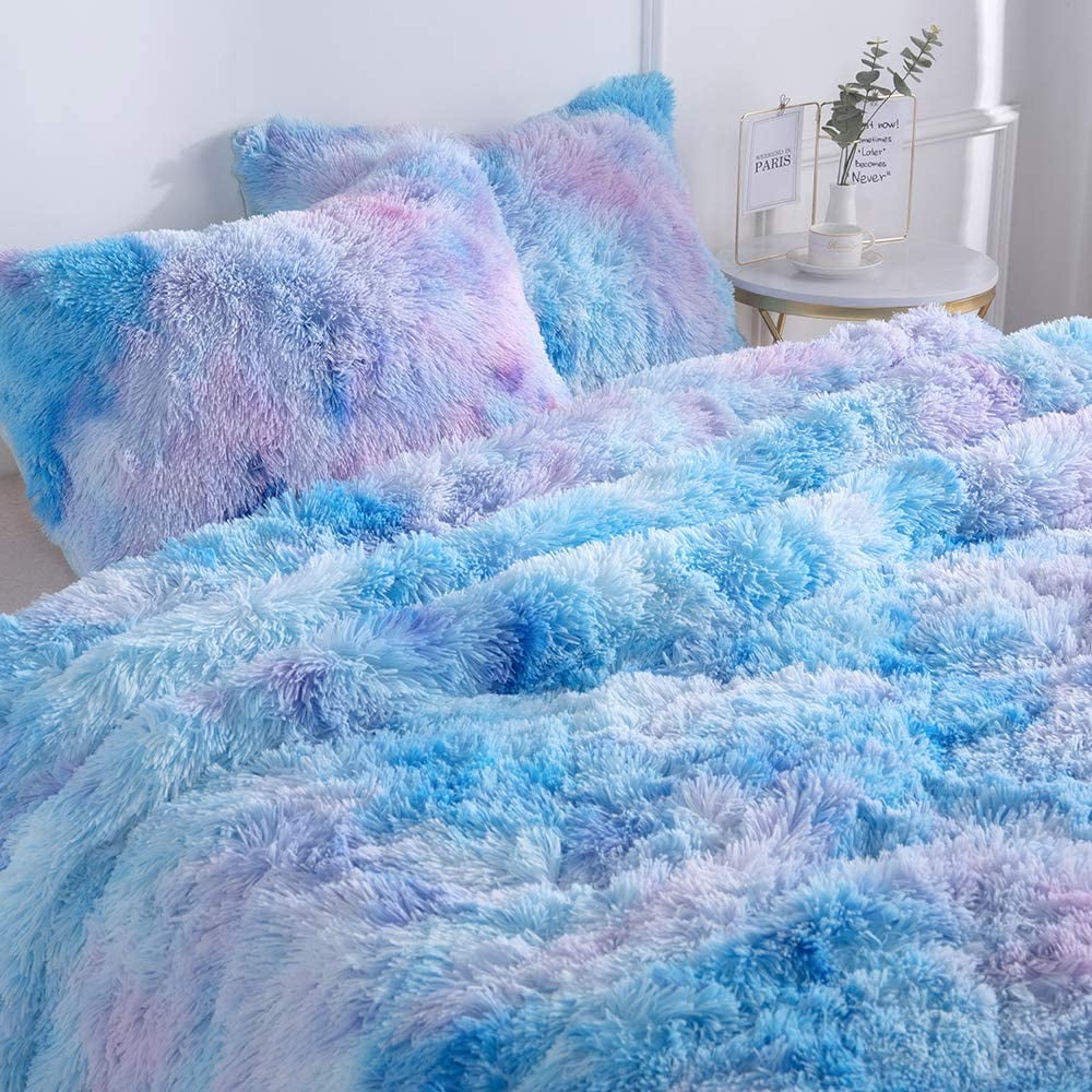 Wajade Plush Shaggy Comforter Set Fluffy Fuzzy Faux Fur Bedding Set - 3PC Microfiber Soft Warm Quilt Set(Galaxy Blue,Queen Size)