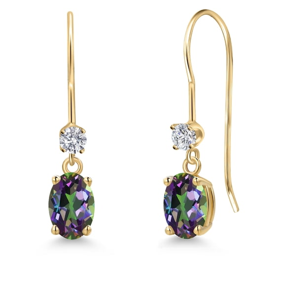 Gem Stone King 14K Yellow Gold Green Mystic Topaz and Lab Grown Diamond Earrings for Women | 1.33 Cttw | Gemstone November Birthstone | Oval 6X4MM