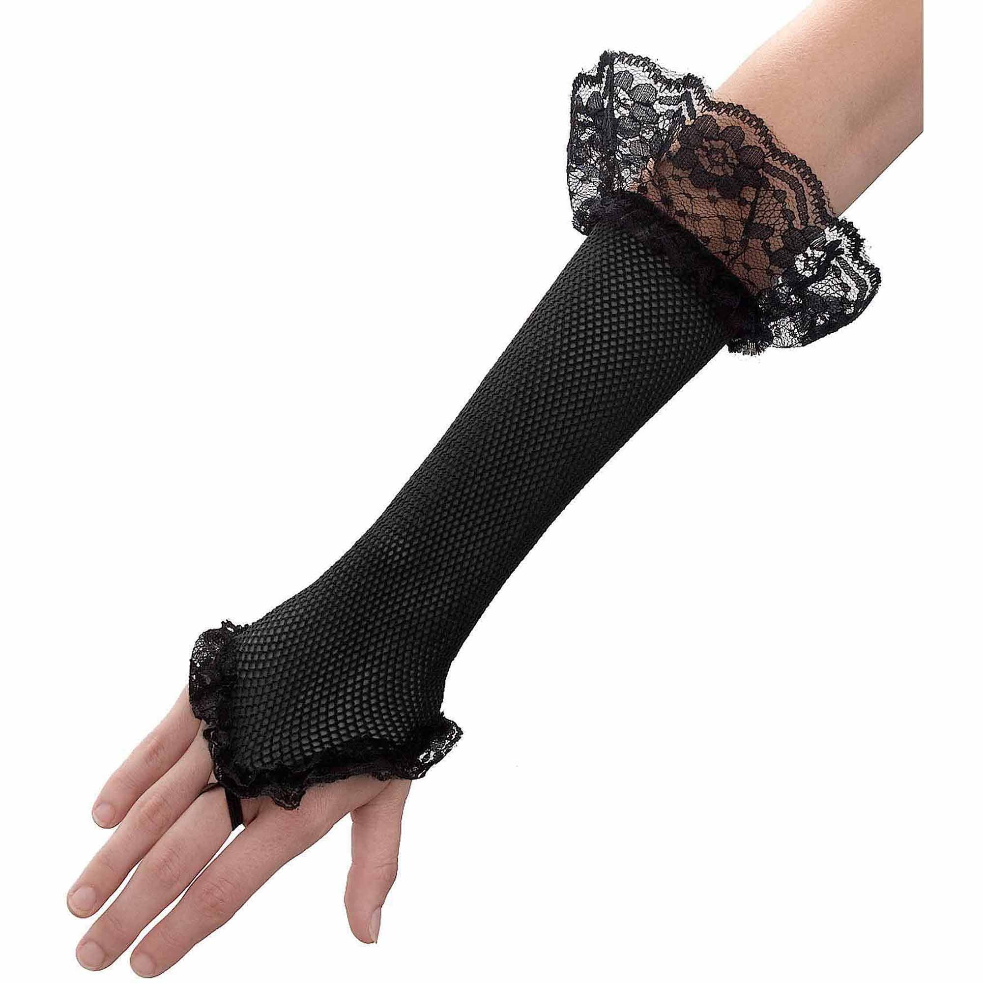 Lacey Fingerless Gloves Black 80's Fancy Dress Halloween Adult Costume Accessory 