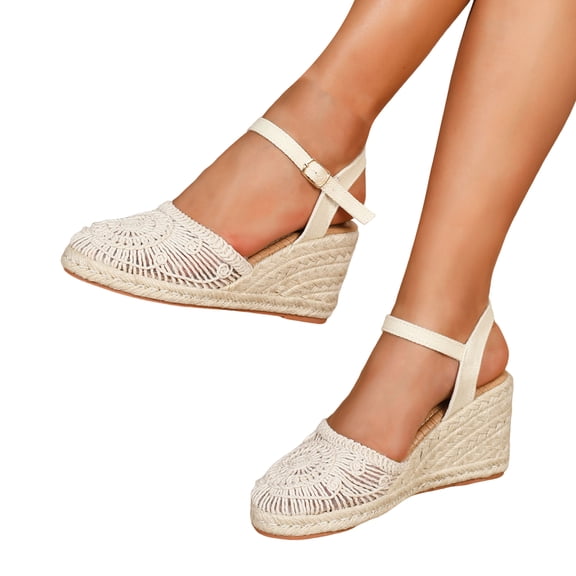 Rokment Bohemian Crochet Wedges Dress Sandals for Women Bride Wedding Beach Summer Handmade Closed Toe Espadrilles Chunky High Heel Casual Spring Dressy Sandals Beige Size 6