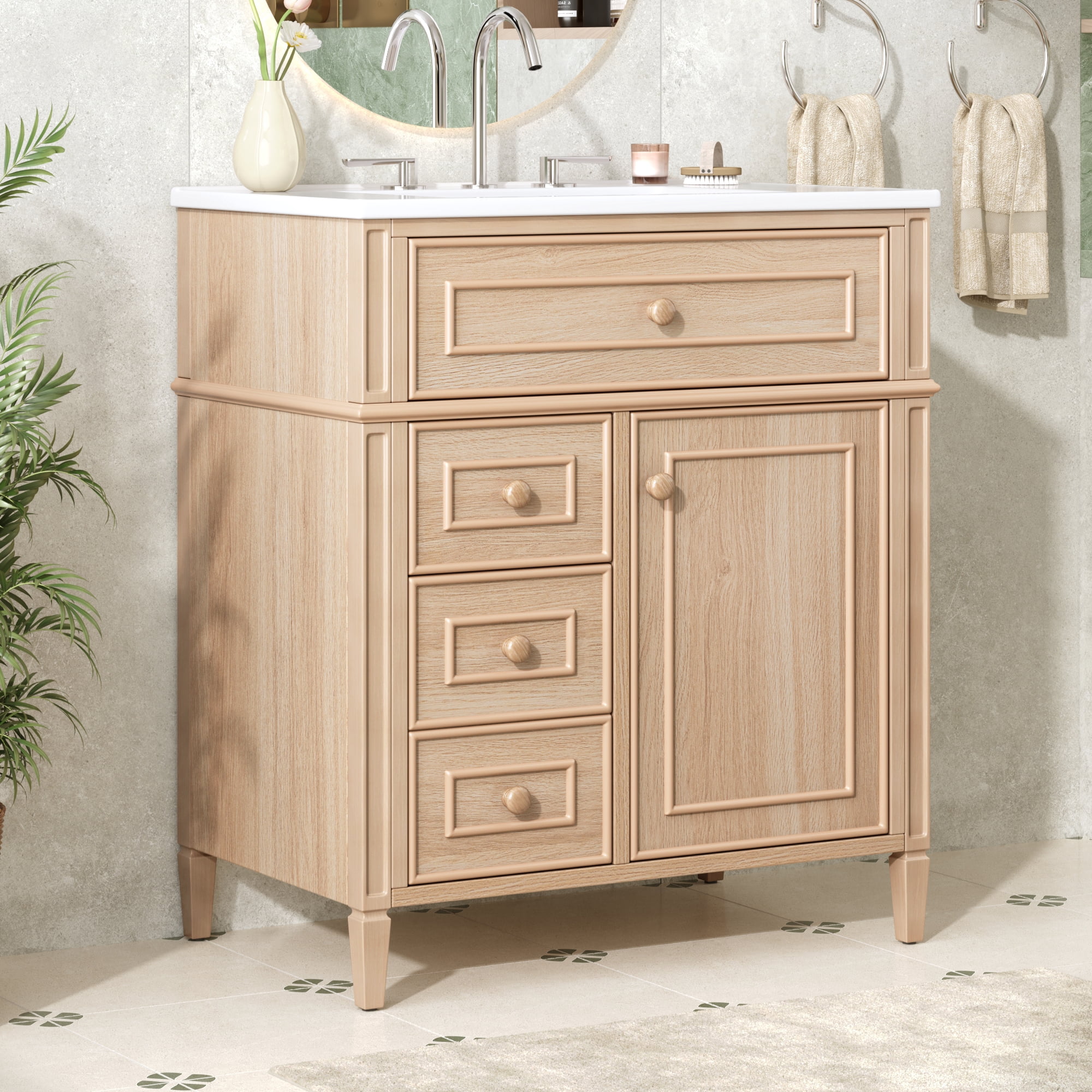 Euroco "30'' Bathroom Vanity with Sink, Solid Wood & MDF Cabinet, Flip-Out Drawer, 2 Soft-Close Drawers, 1 Soft-Close Door, Elegant Wood Handles