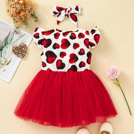 

Cathalem Toddler Girls Fly Sleeve Valentine s Day Hearts Printed Bowknot Tulle Princess Dress Headbands Set Tee Shirt Dress Long Dress Red 2-3 Years