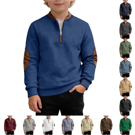 ZXLBBD Sweatshirts for Boys Patchwork Color Long Sleeve Zip Sweatshirt Crewneck Warm Pullover Top for Kids Youth School and Daily Casual Durable Blue Size 8 Y-9 Y