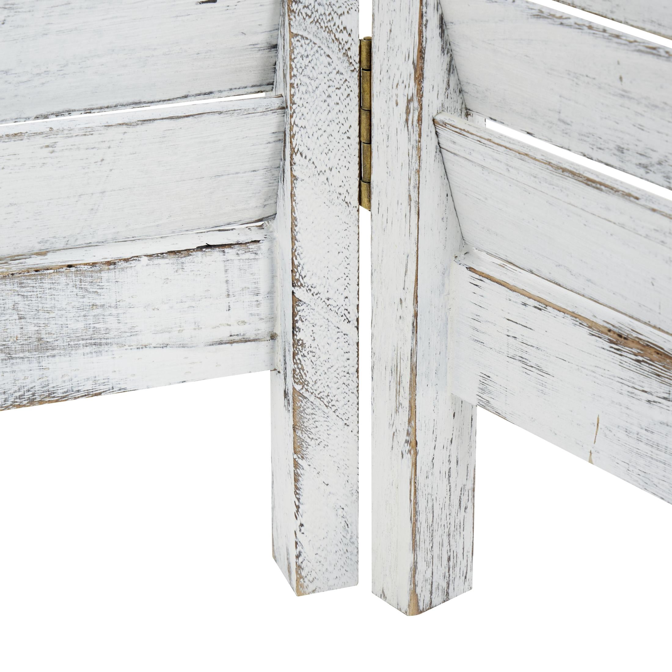 DecMode 47" x 67" White Wood Washed Shutter Top 3 Panel Room Divider Screen with Gray Distressing, 1-Piece