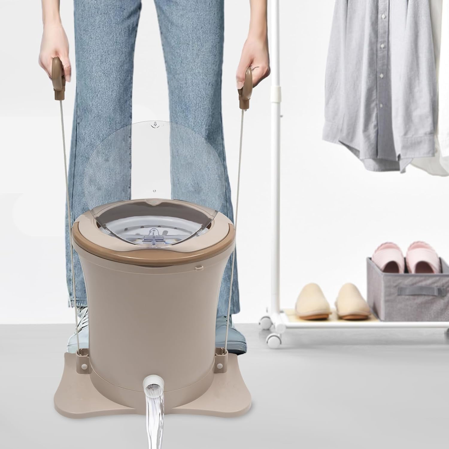 Manual Clothes Dryer Portable Mini Dryer Foot Powered Compact Spin Dryer Machine Non Electric Laundry Dryer for RV Camping Apartment Dorm(Khaki)