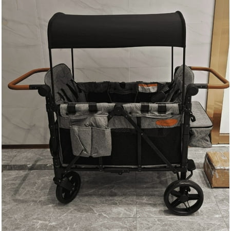 Vomeast Upgrade Wagon Stroller for 4 Kids, Outdoor baby stroller with Canopy, 5-Point Harness, Adjustable Handlebars (Grey)