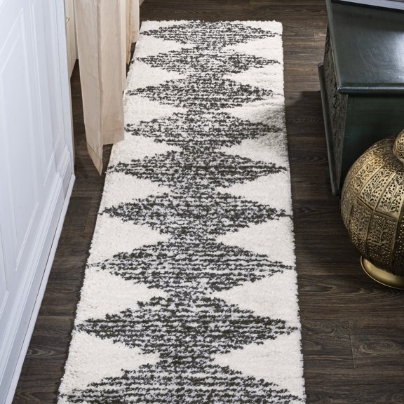 JONATHAN Y MOROCCAN HYPE 2 x 10 Runner Rug, Elm Diamond Stripe Geometric Shag - White/Gray, MOH408A-210