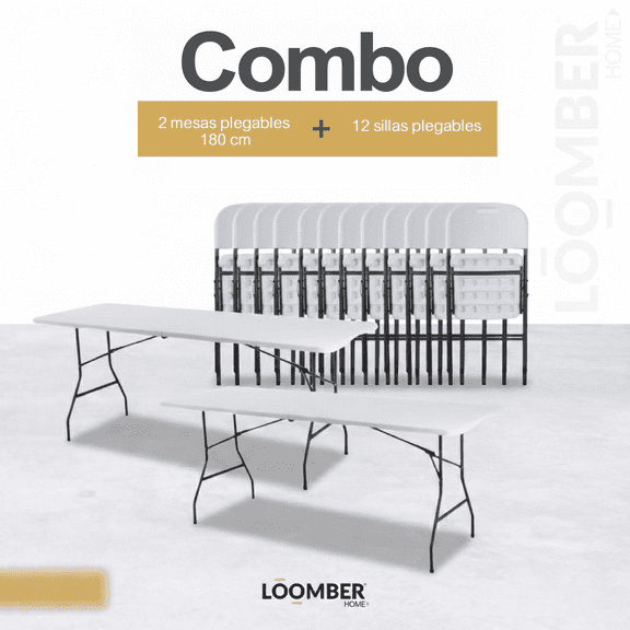 Paquete 2 Mesas Plegables 180 cm + 12 sillas plegables LOOMBER