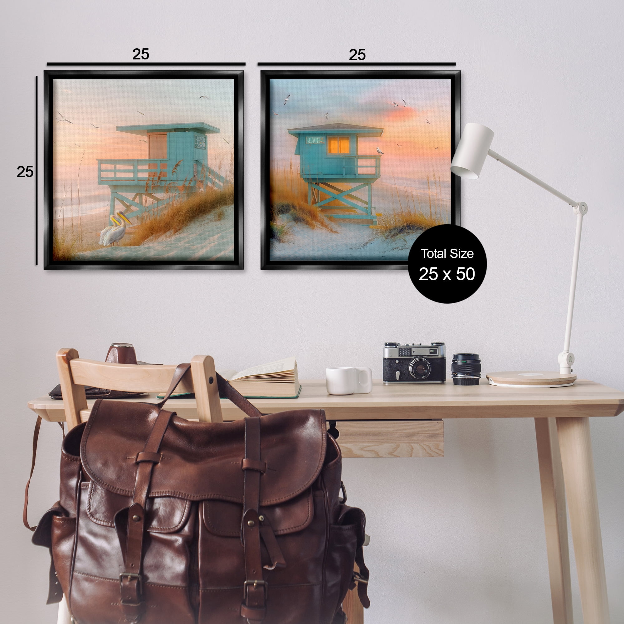 Stupell Industries Lifeguard Beach Hut Pelicans Nautical & Beach Painting Black Floater Framed Canvas Art Print Wall Art, 25 x 25, Set of 2