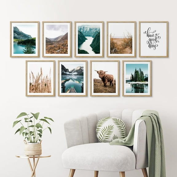 PixonSign Framed Canvas Print Wall Art Set - Rustic Mountain & Lake Poster Arts - Set of 9 Nature Wilderness Botanical & Animal Photography Wall Décor for Room Decoration - 12"x16" Natural