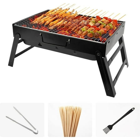 Portable Charcoal Grill for Camping Small Tabletop BBQ Grill for Picnic Trip Foldable Lightweight Barbeque Grill Set Including Tongs Skewers Basting Brush