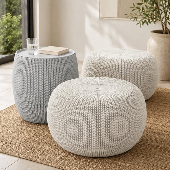 Urban Knit Pouf Ottoman Set of 2 with Storage Table for Patio and Room Décor - Perfect for Balcony, Deck, and Outdoor Seating, Grey & White