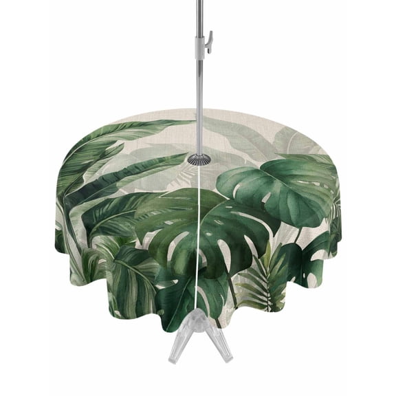Outdoor Tablecloth with Umbrella Hole for Patio/Picnic/Party/Camping, Palm Leaves Tropical Waterproof Table Cloth Round Cover Washable, Green Botanical Summer Linen (Dia 54")