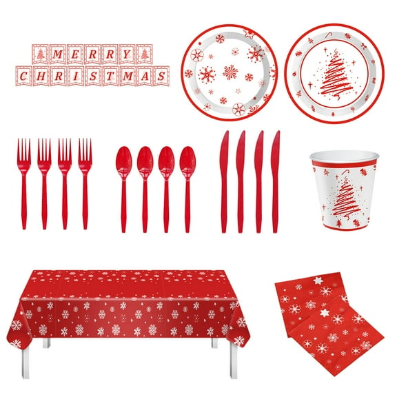 WEGFTDUOP Christmas Supplies 114-piece Red Merry Christmas Paper Plates And Napkin Set Disposable Tableware Party Supplies Tableware Can Accommodate 16 Guests