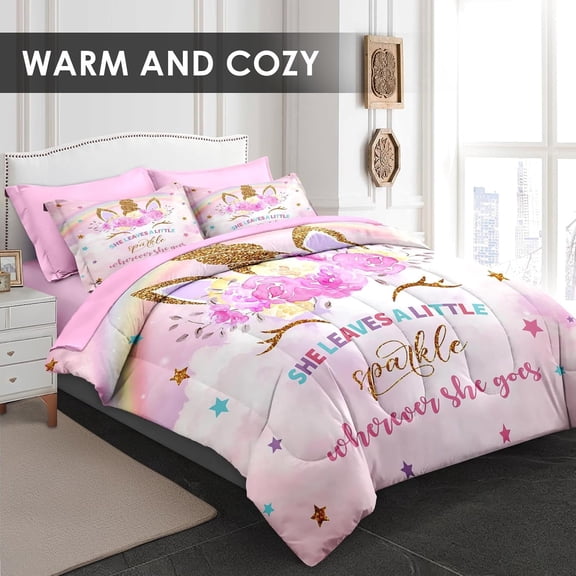 Queen Size Comforter Set with 2 Pillowcases & 2 Shams, Cute Golden Unicorn 7 Pcs Bedding for Kids and Teens, Pink Rainbow Star Rose Flower Bed in a Bag with Flat Fitted Sheet