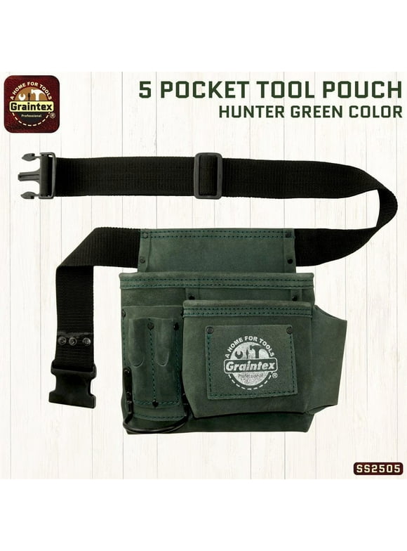 Graintex SS2505 :: 5 POCKET NAIL & TOOL POUCH HUNTER GREEN COLOR SUEDE LEATHER WITH BELT