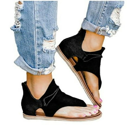 Kitem 1 Pair Back Zipper Flats Heel Open Toe Beach Sandals Leopard Patchwork Clip-Toe Women Shoes Walking Shoes
