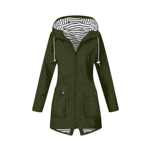 WTOBBY Women Solid Stripe Mid-Length Waterproof Sun Protective Outdoor Sports Rain Jacket with Single Zipper, Windproof Hooded Design,Army Green L